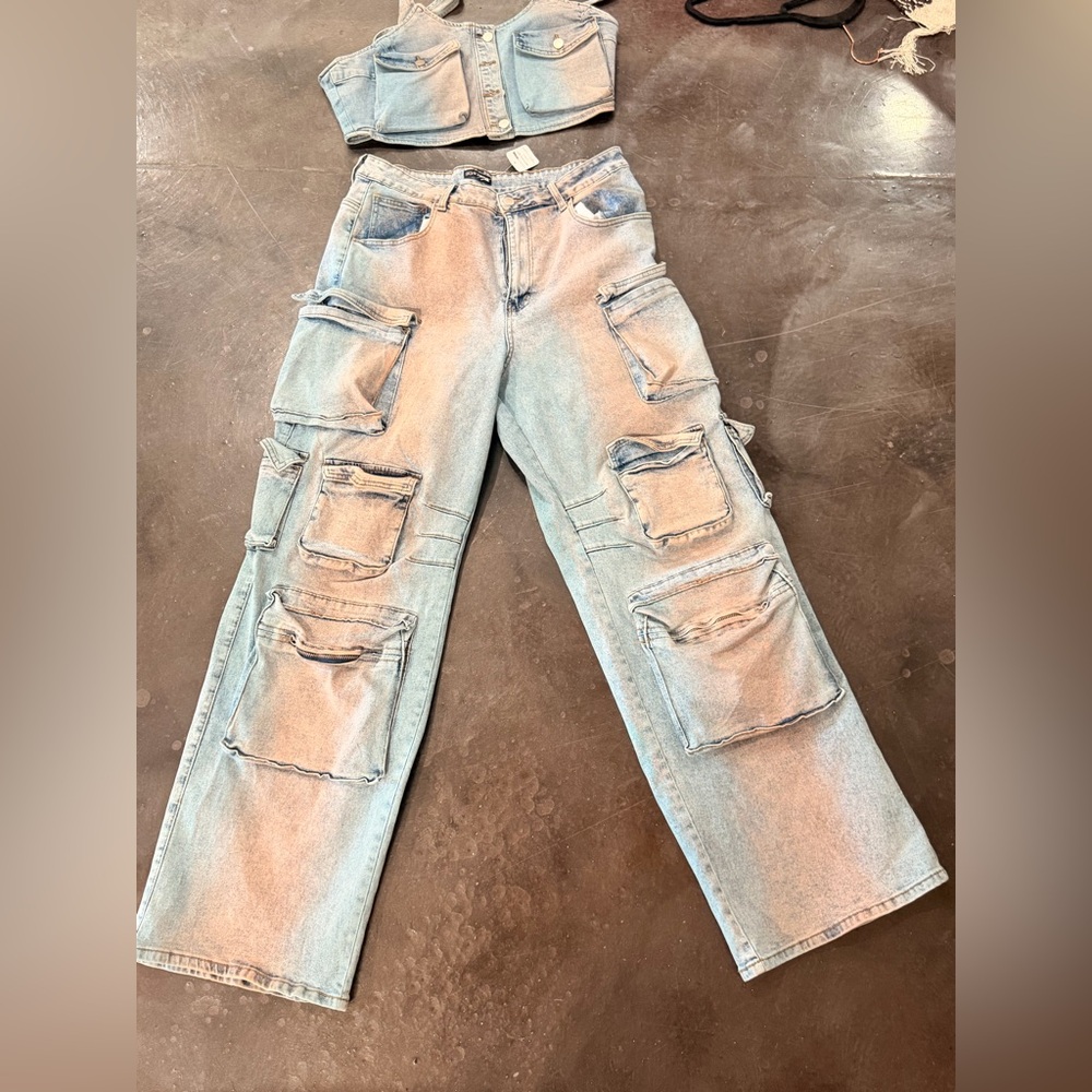 Light Wash 2pc Denim Cargo Set